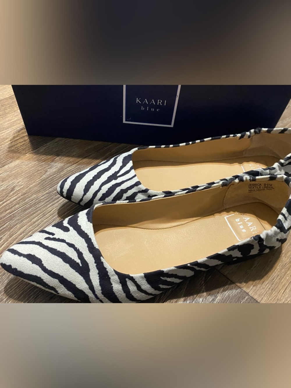 Kaari Blue Black & White Zebra-Print Pointed Toe Flats